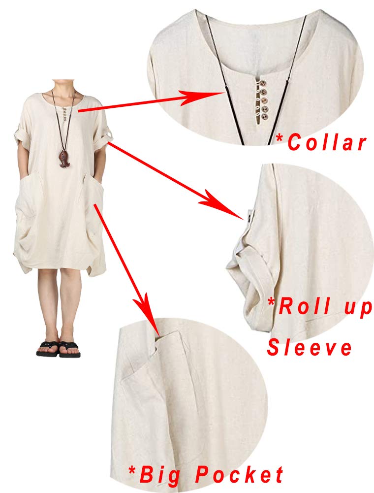 LaovanIn Women's Plus Size Tunic Dress Summer Cotton Linen T Shirt Knee-Length Dresses Large Beige - Image 4